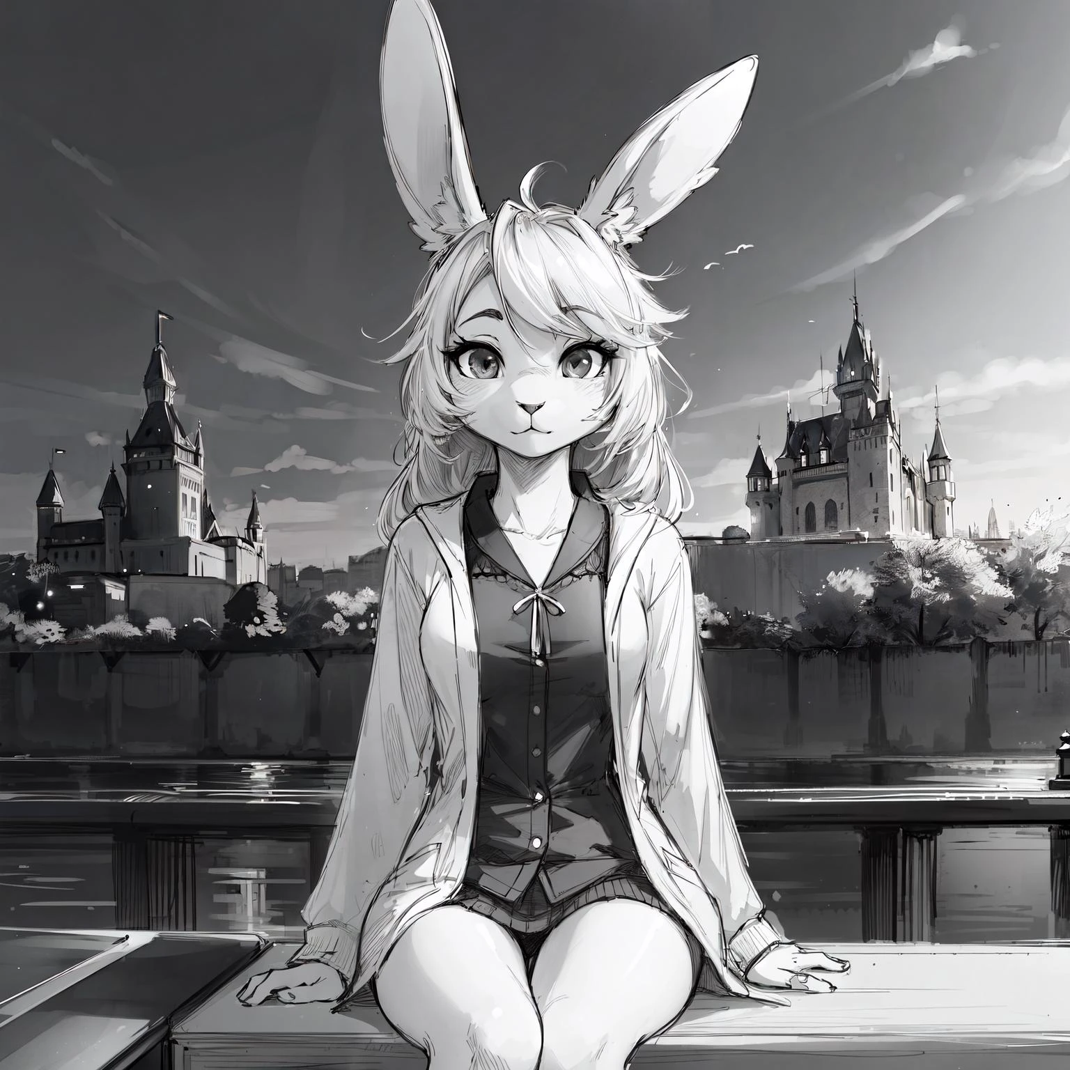 (anthro rabbit girl, rabbit ears:1.2),, (1girl) (sketch) (sitting, __place__ background, __clothing__, __clothing__) monochrome