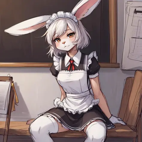 (anthro rabbit girl, rabbit ears:1.2),, (1girl) (sketch) (sitting, workshop background, maid uniform, Cheerleader Outfit)