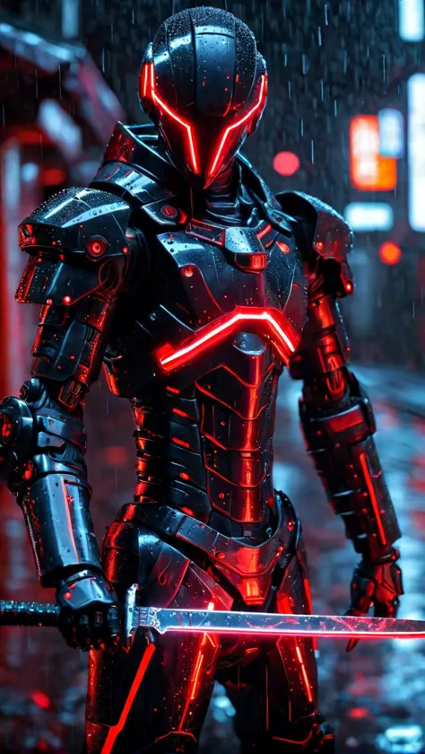 A mecha warrior,dressed in a mecha,mainly black and red,holding a long knife in his hand,with red neon lights,close-up of the wh...