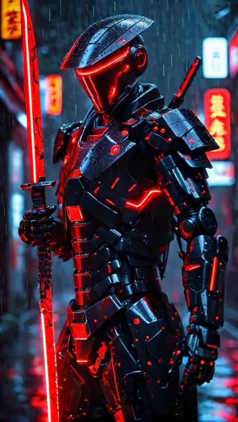 Um guerreiro mecha,Vestido com um mecha,Principalmente preto e vermelho,segurando uma faca longa na mão,com luzes de néon vermelhas,close-up de todo o corpo,noite escura,chuva,Rico em detalhes,Resolução ultra-alta,32 mil HD,melhor qualidade,obra de arte,