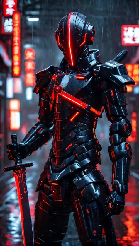 A mecha warrior,dressed in a mecha,mainly black and red,holding a long knife in his hand,with red neon lights,close-up of the wh...