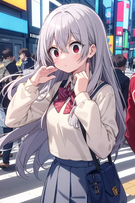 anime girl with long gray hair and a white shirt and blue skirt