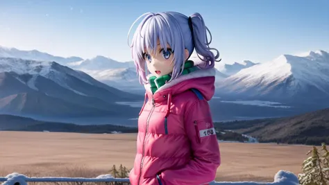 anime girl in pink jacket standing on a snowy hill with mountains in the background