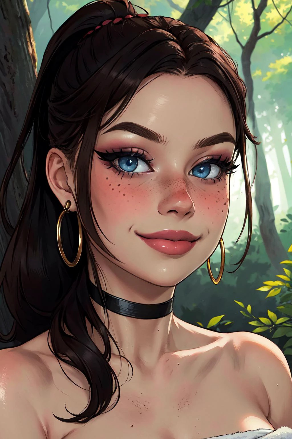 (masterpiece, best quality:1.3), claired, 1girl, low ponytail, brown hair,  blue eyes, long hair, solo, lips, glossy lips, smile, closed mouth, black choker, hoop earrings, metallic, upper body, naked towel, blush, eyeliner, nose blush, freckles, looking at viewer, outdoors, forest, (detailed, highres:1.2), egirlmakeup