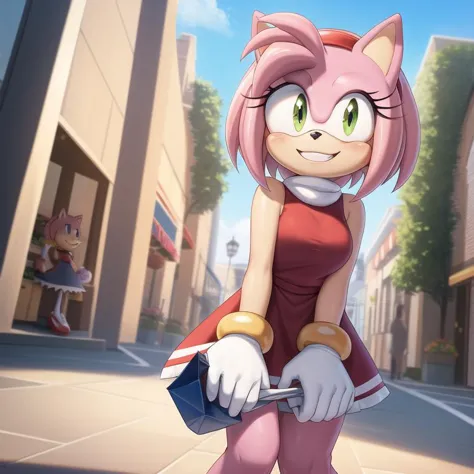 (masterpiece, best quality:1.1), (amy rose:1.1), 1girl, solo, dress, pink skin, looking at viewer, smile, detailed eyes, outdoor...