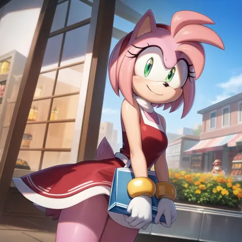 (masterpiece, best quality:1.1), (amy rose:1.1), 1girl, solo, dress, pink skin, looking at viewer, smile, detailed eyes, outdoor...