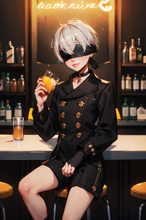 anime girl with black and white hair sitting at a bar