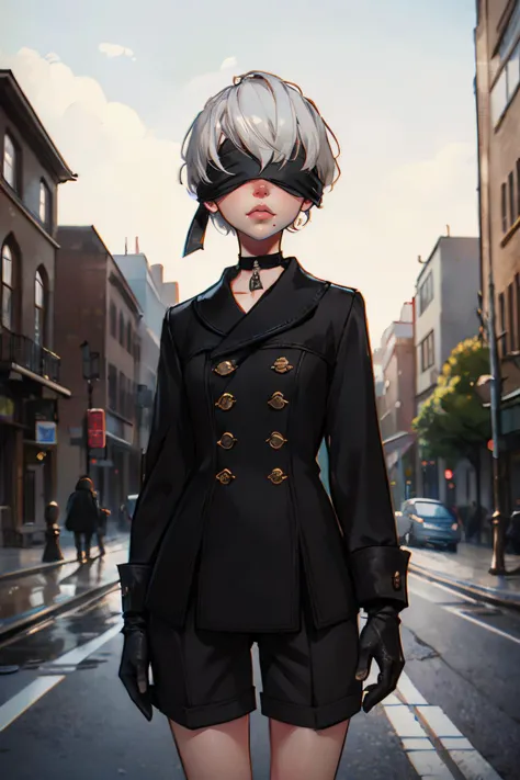 anime girl in black and white outfit standing on street corner