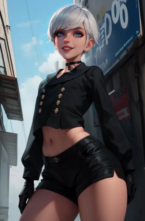 Yorha white hair,short hair,black choker, lips, mole under mouth, blue eyes, arms, up, 
y, smile, midriff peek,  hips,   pose, 
...