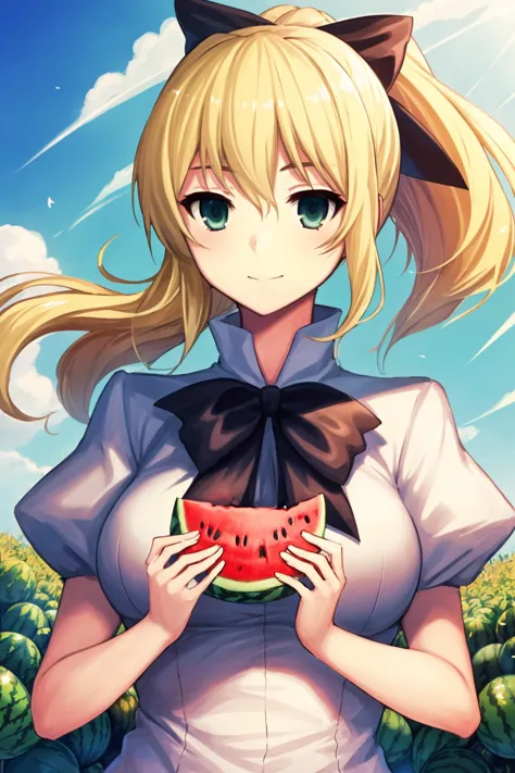 obra de arte, mais alta qualidade, melhor qualidade, 1 garota, Sozinho, segurando melancia, ao ar livre, Escola, Desviando o olhar, Luz de verão, 
Satou Lilly, arco preto, cabelo soprando, Katawa Shoujo, cabelo longo, , cabelo loiro, tronco,  seios grandes,   