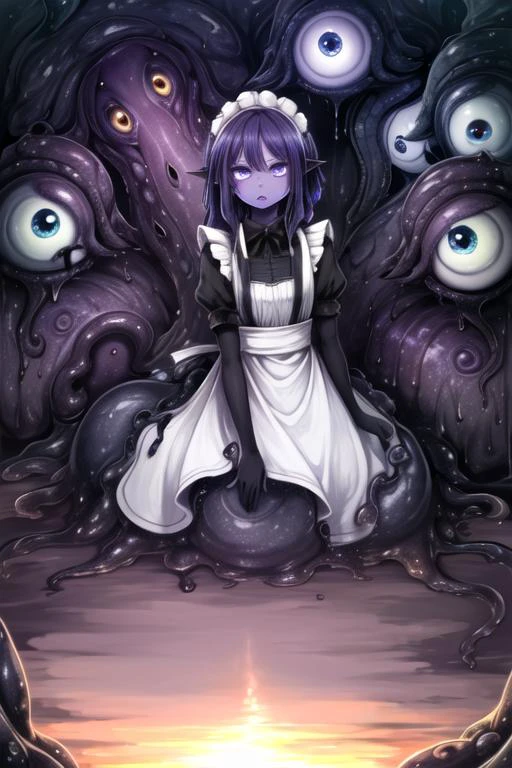 ((best quality)), ((highly detailed)), masterpiece, (detailed eyes, deep eyes), (1girl), full body,((shoggoth)), maid, body horror, tentacles, extra eyes, glowing eyes, Sunglow Sunset colored eyes, (colored skin), (purple colored skin), lovecraftian, yoongonji
