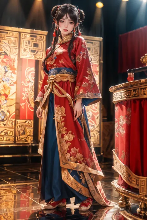 a woman in a red and blue dress standing in front of a red and gold cabinet