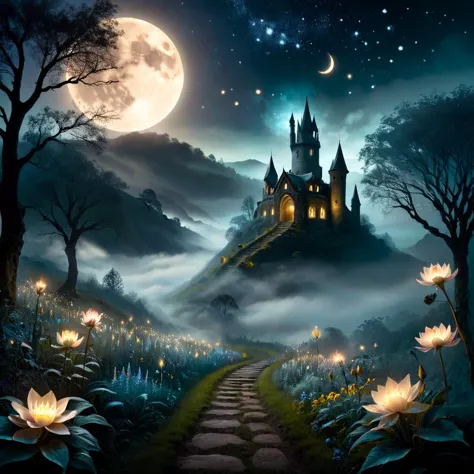 dark path in misty hills, fireflies, will-o-wisps, mystic, crescent moon, 1moon, ancient ruins on background, (nighttime),  (glowing fog:1.2), muted colors, aesthetic, Dark Fantasy, Otherworldly, Surreal, 16K, dreamy, (Starlight:0.9), Ambrotype, beautiful, masterpiece, highest quality, 32k, depth of field, best quality, cinematic, movie still, high contrast, atmospheric, perfect, HDR, absurdres, celestial, crystalline, natural wonder, nice looking, vaporwave, cold light, (dim light), bloom, award winner, night, <lora:Meaning_Full_Power-000001:1.0>