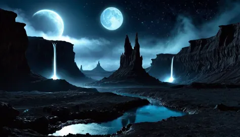 Dark night on alien planet, (glowing geysers) on the plains, cliffs in the background, 