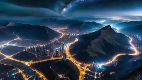 a view of a city at night with a mountain in the background