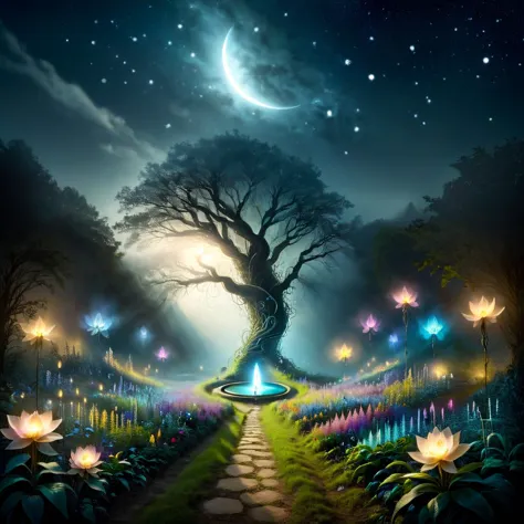 dark path in misty hills, fireflies, will-o-wisps, mystic, crescent moon, 1moon, ancient ruins on background, (nighttime),  (glowing fog:1.2), muted colors, aesthetic, Dark Fantasy, Otherworldly, Surreal, 16K, dreamy, (Starlight:0.9), Ambrotype, beautiful, masterpiece, highest quality, 32k, depth of field, best quality, cinematic, movie still, high contrast, atmospheric, perfect, HDR, absurdres, celestial, crystalline, natural wonder, nice looking, vaporwave, cold light, (dim light), bloom, award winner, night, <lora:Meaning_Full_Power-000001:2.0>