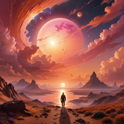 a man walking on a path towards a distant planet