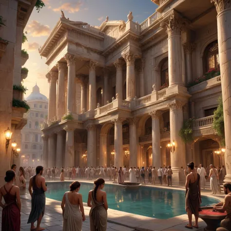 In the heart of a bustling city, a group of ancient Greeks gather around a grandiose casino. The walls are lined with intricate carvings and towering skyscrapers, Grim