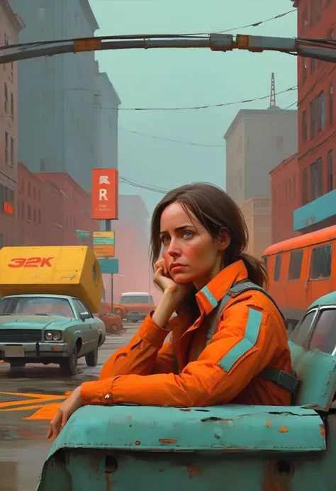 painting of a woman sitting in a dumpster in a city