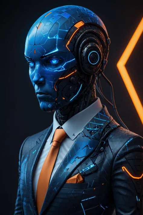 <lora:Faceless_Cyborgs:0.6> (noface:1.4), cyborg painted in blue and orange mad-triangles wearing a black suit <lora:Colorful_Tr...