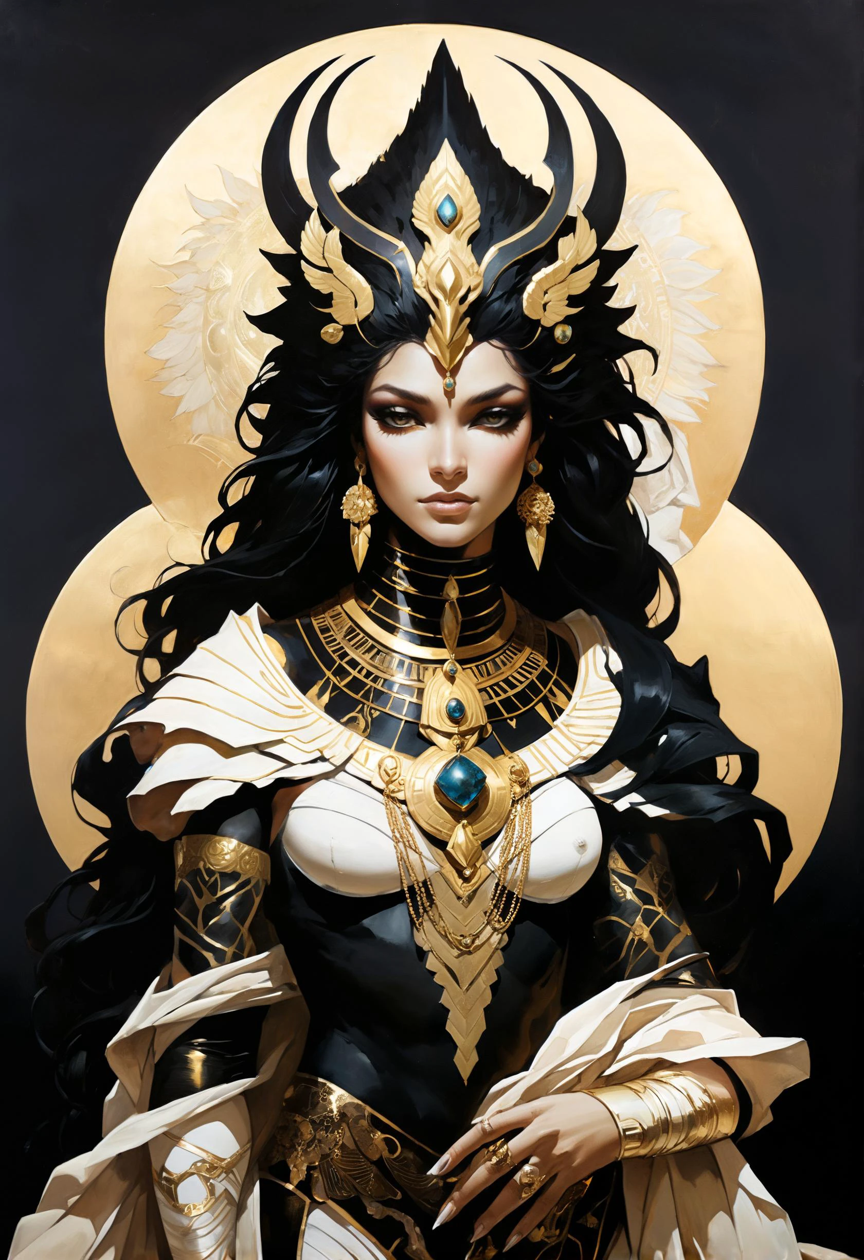 otherworldly astral monster, scifi, Greg Tocchini, bold lines, hyper detailed, (intricate details, masterpiece, best quality:1.2), black and ivory hue, astral pharaoh woman, outside at a oasis water, fantasy, dynamic pose, (adorned by egyptian gold jewelry:0.9), usekh collar, in the style of nicola samori  