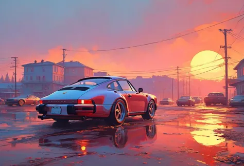 "Ilya Kuvshinov" style.
Visually absurdly cluttered fantasy landscape.
"1985 Porsche 911 Carrera".
Lot's of wind and magical lig...