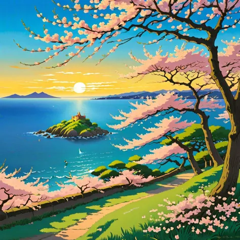 Spring evening, view on the sea, (cherry blossom), style of ghibli, hayao miyazaki, SK_Ghibli
