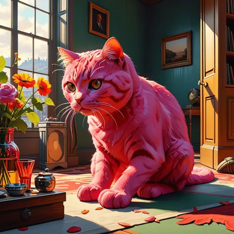 Vibrant "Iron Maiden"'s album cover style.
Title: "The Pink Cat Vendetta".
Pristine Aesthetic.
Life-like details.
Cinematic. 
Dr...