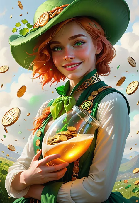 arafed image of a woman in a green hat holding a glass of beer