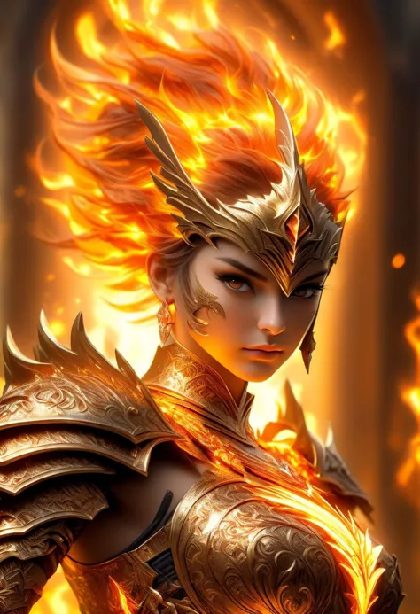 hyperdetailed fantasy character, Fire, golden armour, 1girl, holy cyborg necromancer girl, ornamented obsidian armor ((Wide_angl...