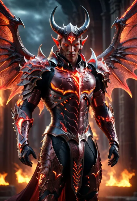 Standing, 1boy, Demon cyborg necromancer man, Evil wave, Magical beautiful background fantasy, Devil wings, Demon armor, (((mast...