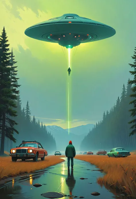 Vibrant (George Tooker) and (Simon Stalenhag) and (Holly Andres) book cover style.
Title: "Alien Abduction".
Life-like details.
...