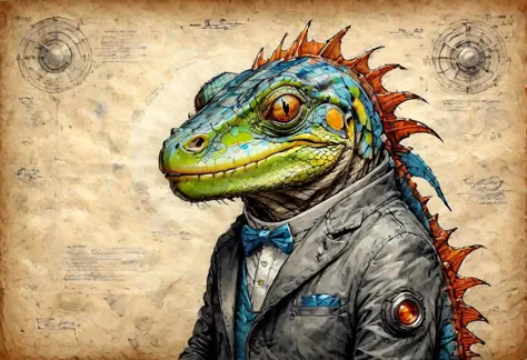 DarkFantasy, sci-fi, high tech, color ((((graphite)))) on parchment, an anthropomorphic iguana dressed like a mad scientist