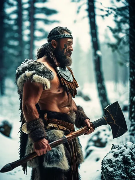 (Cinematic Photo:1.3) of (Ultrarealistic:1.3) An ancient Cro-Magnon warrior dressed in animal skins with a large stone axe in a ...
