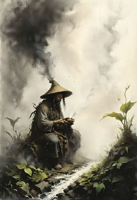 a painting of a man sitting on a rock next to a stream