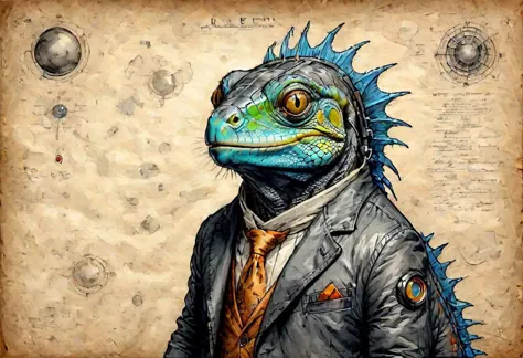 DarkFantasy, sci-fi, high tech, color ((((graphite)))) on parchment, an iguana dressed like a mad scientist