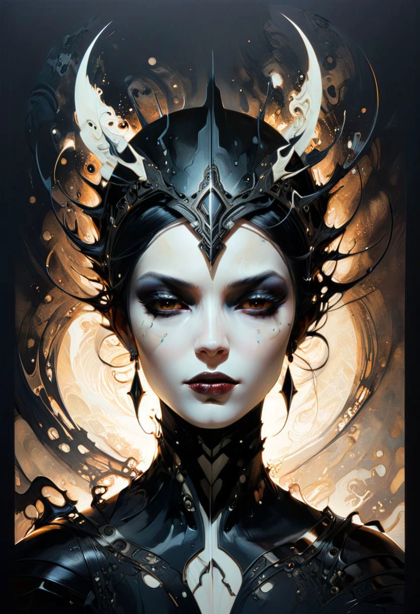 Face of otherworldly astral dark queen, scifi, Greg Tocchini, bold lines, hyper detailed, (intricate details, masterpiece, best quality:1.2), black and ivory hue, looking at viewer, dynamic pose, back view, face, in the style of nicola samori