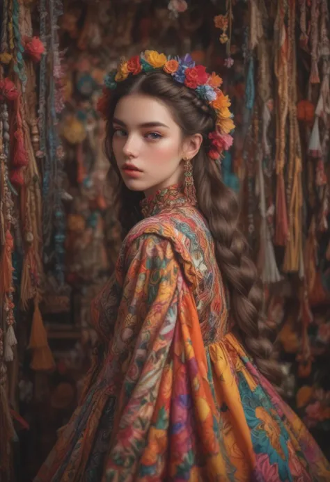 Kitsch maximalism fashion style,1Girl,Beautiful Brazilian woman, long incredibly intricately braided hair, colorful and overdeco...
