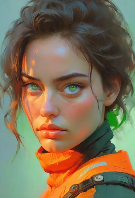 "Ilya Kuvshinov" style.
Portrait of "Gorgeous Brazilian Woman With Green Eyes". 
In a "nightly, cyberpunk" aesthetic. 
As a warrior ready for the battle. 
Stares the viewer.
By "Simon Stalenhag".
Life-like details.
Cinematic. 
Dramatic. 
Dynamic. 
Extremely refined lines and and shapes.
Extremely refined details on objects.
Sharp details.
Wide range of colors.
Many details everywhere. Ray-Tracing. Anti-Aliasing. Realistic soft shadows. Low saturation colors. Insane quality. Insane resolution. Insane details. Masterpiece. 32k resolution.