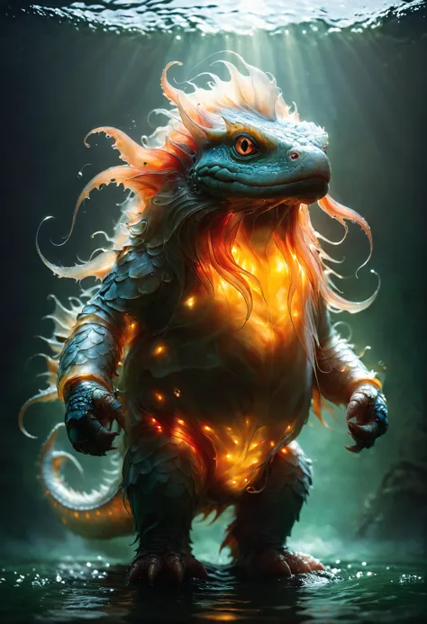 a digital painting of a creature with glowing hair and a glowing tail