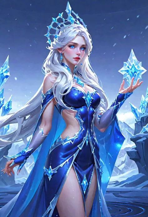 a woman in a blue dress and a crown standing in the snow