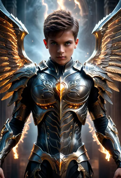 Standing, 1boy, darkness cyborg necromancer, darkness wave, Magical beautiful background fantasy, Darkness wings, darkness armor...