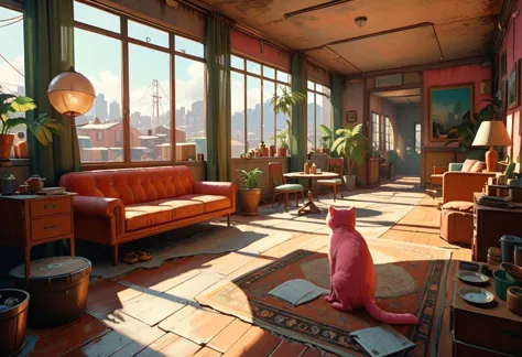 Disco Elysium Style.
Title: "The Pink Cat Vendetta".
Pristine Aesthetic.
Life-like details.
Cinematic. 
Dramatic. 
Dynamic. 
Iro...