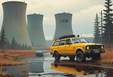 there is a yellow suv driving down a road near a nuclear power plant