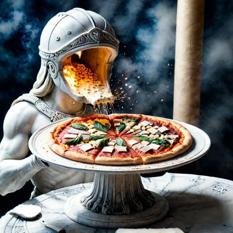 la Grèce ancienne, ((Sculpture en marbre)), (((pizza))), chef-d&#39;œuvre, (((Aquarelle))), Mauvais rêve, zipréalisme, Photo du film, scène de filme, Cinématique, Cinématique Shot, Cinématique Lighting, (zhibi), désordre-maison, harmonie surréaliste