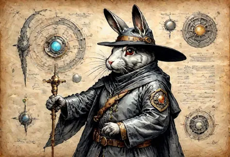 DarkFantasy, sci-fi, high tech, color ((((graphite)))) on parchment, a rabbit dressed like zorro, extremely detailed