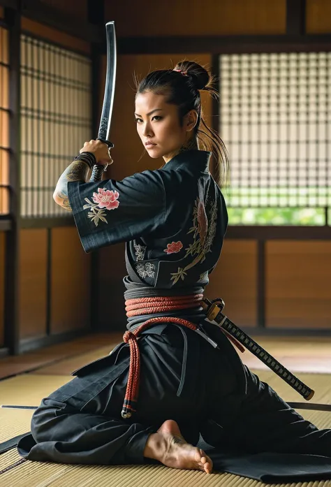 dynamic pose, beautiful female samurai sitting in a dojo and holding a katana, sword grip, tattoos, RAW photo, (masterpiece:1.5)...