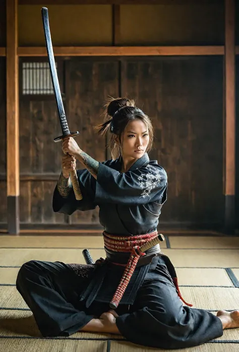 dynamic pose, beautiful female samurai sitting in a dojo and holding a katana, sword grip, arms up, from behind, Bare shoulders ...