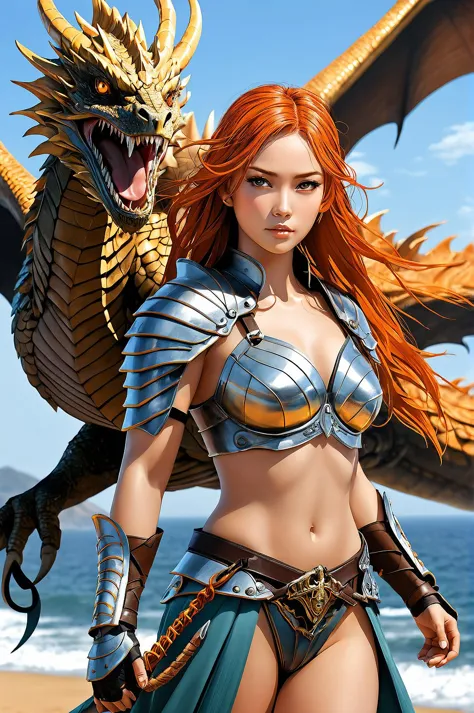 beautiful female warrior with a large flying dragon, orange drill hair, ocean desert background, Fujishima Takeji style <lora:ad...