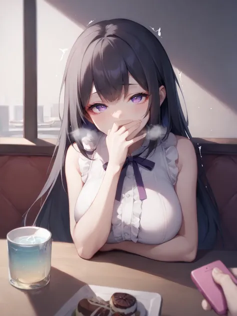 anime girl sitting at a table with a plate of food and a drink